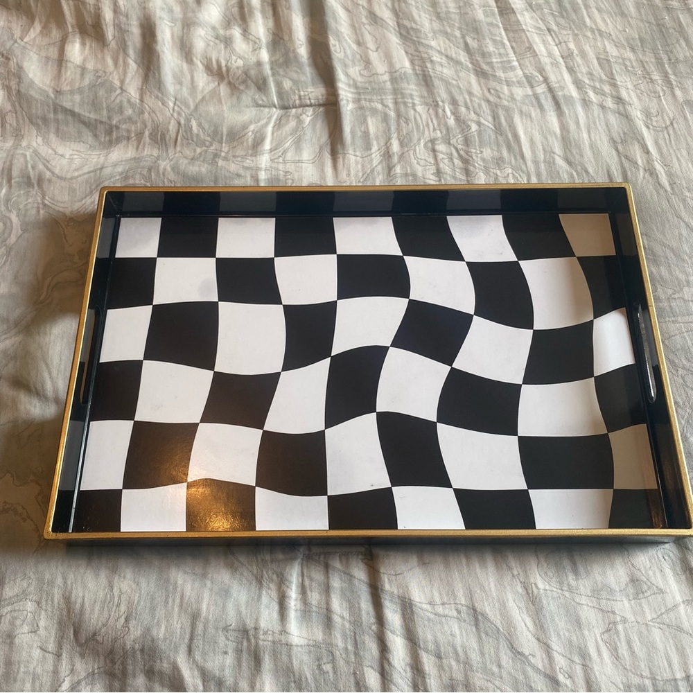 Funky Checker Retro Black White Gold Ottoman Nightstand Decorative Tray